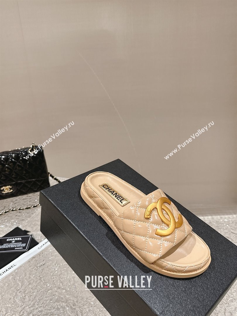 Chanel Patent Calfskin Slide Sandals with Metal-Tone Maxi-CC Beige 2024 (MD-240323035)