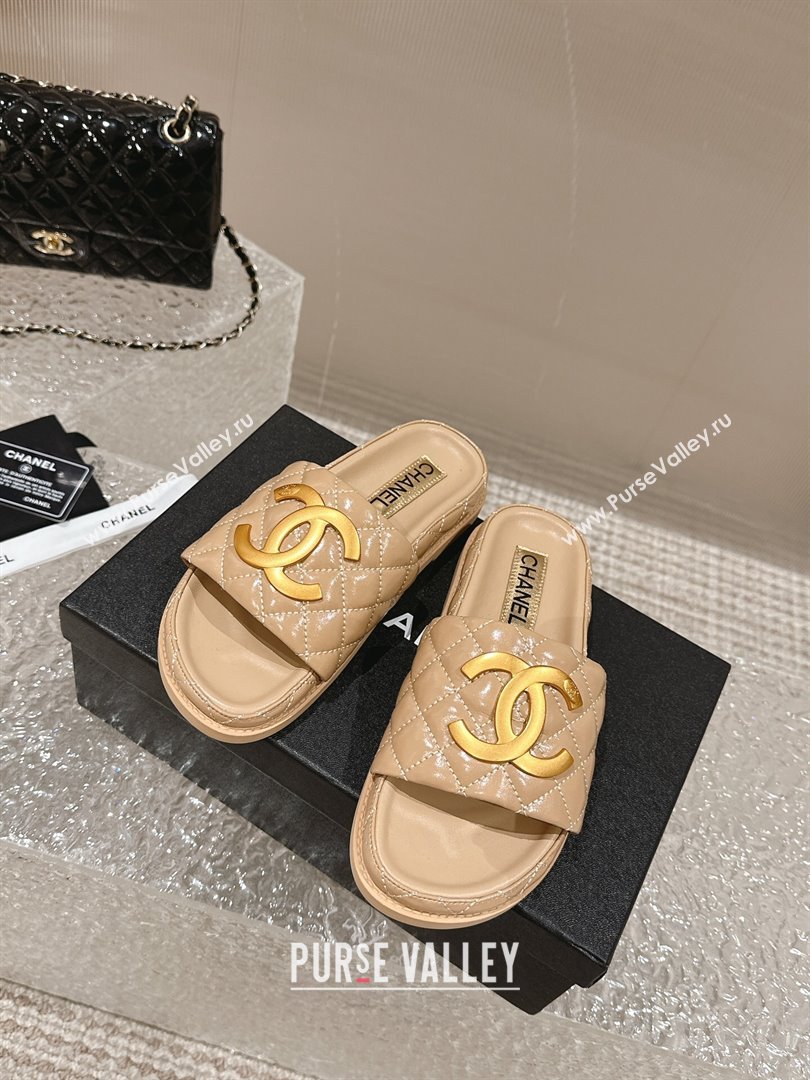 Chanel Patent Calfskin Slide Sandals with Metal-Tone Maxi-CC Beige 2024 (MD-240323035)