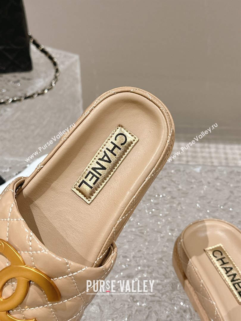 Chanel Patent Calfskin Slide Sandals with Metal-Tone Maxi-CC Beige 2024 (MD-240323035)