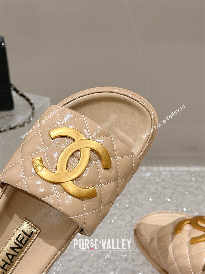 Chanel Patent Calfskin Slide Sandals with Metal-Tone Maxi-CC Beige 2024 (MD-240323035)