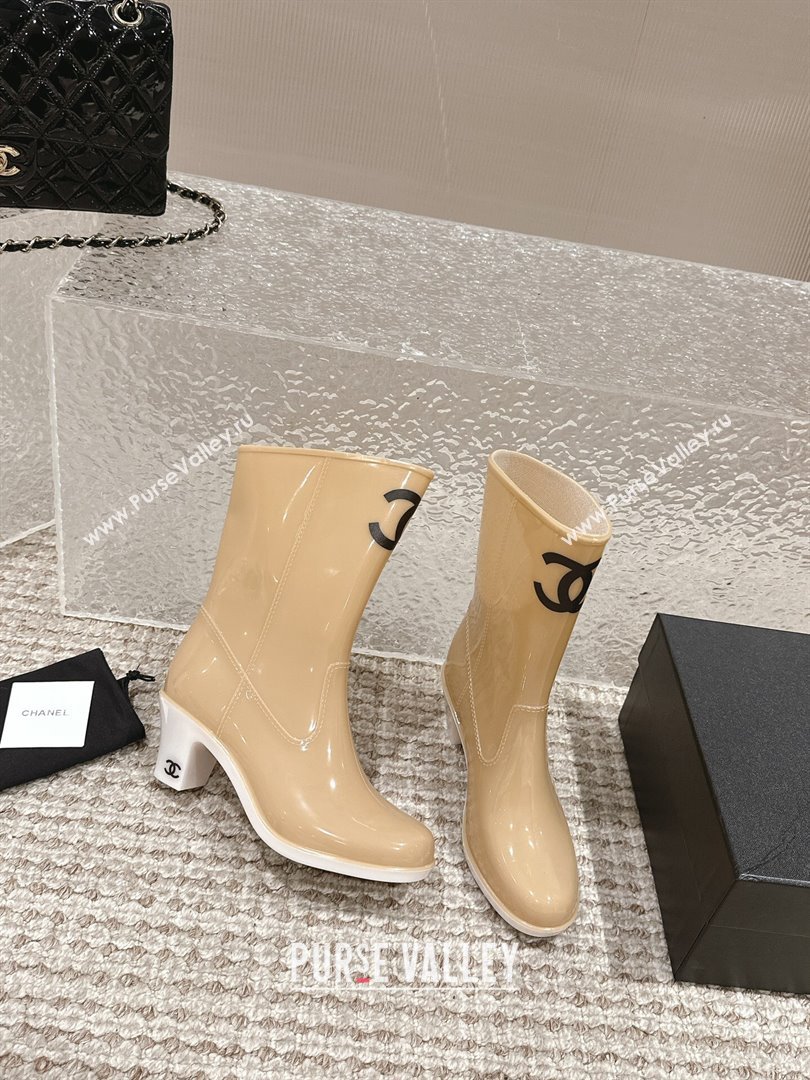 Chanel patent Rubber Heel Rain Boots with CC Beige 2024 0323 (MD-240323041)