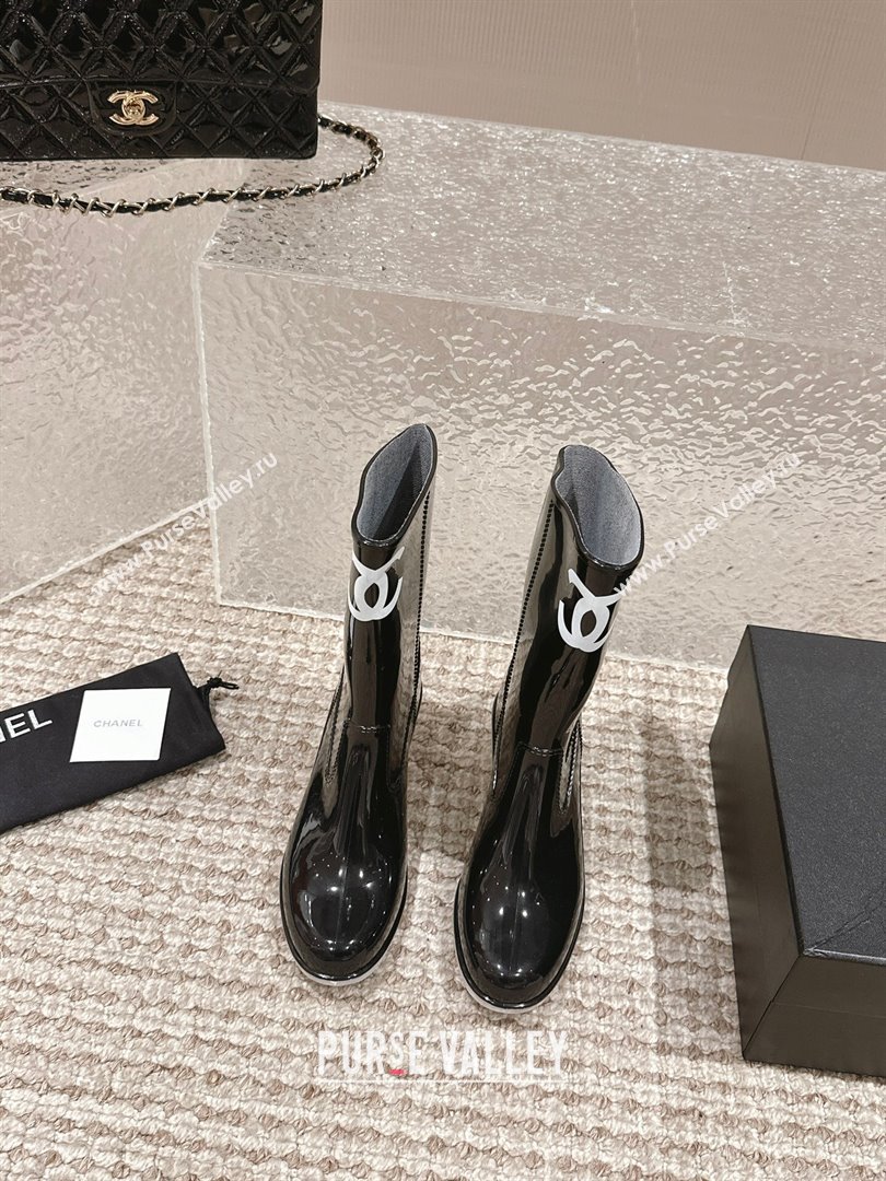 Chanel patent Rubber Heel Rain Boots with CC Black 2024 0323 (MD-240323042)