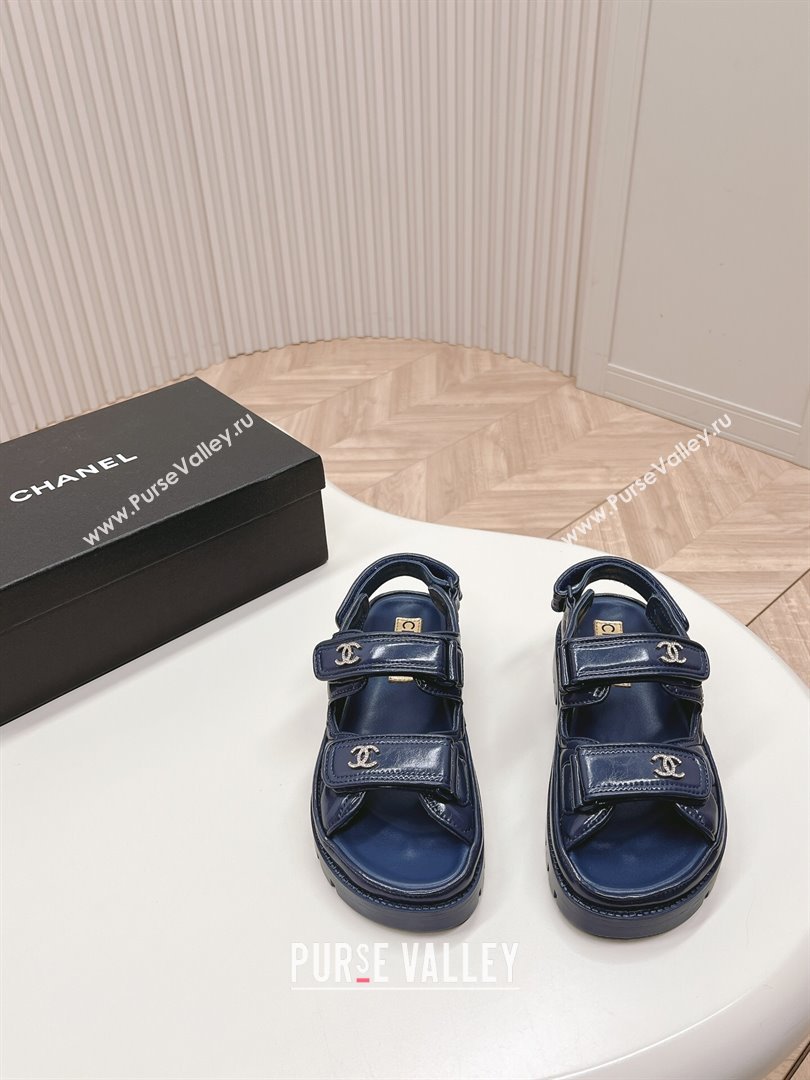 Chanel Shiny Calfskin Strap Sandals Navy Blue 2024 0322 (MD-240322061)