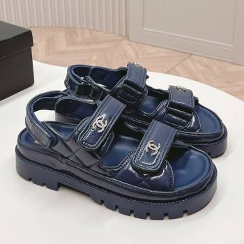 Chanel Shiny Calfskin Strap Sandals Navy Blue 2024 0322 (MD-240322061)