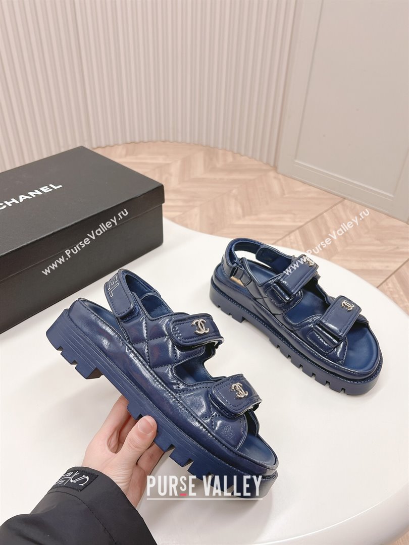 Chanel Shiny Calfskin Strap Sandals Navy Blue 2024 0322 (MD-240322061)