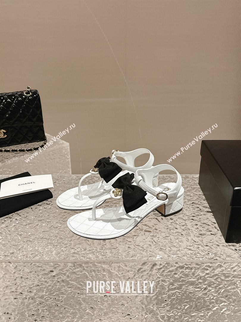 Chanel Calfskin Thong Sandals 4cm with Bow and Bloom White 2024 (MD-240323057)