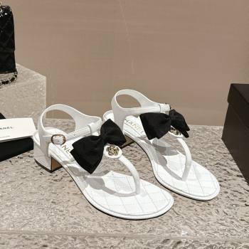 Chanel Calfskin Thong Sandals 4cm with Bow and Bloom White 2024 (MD-240323057)