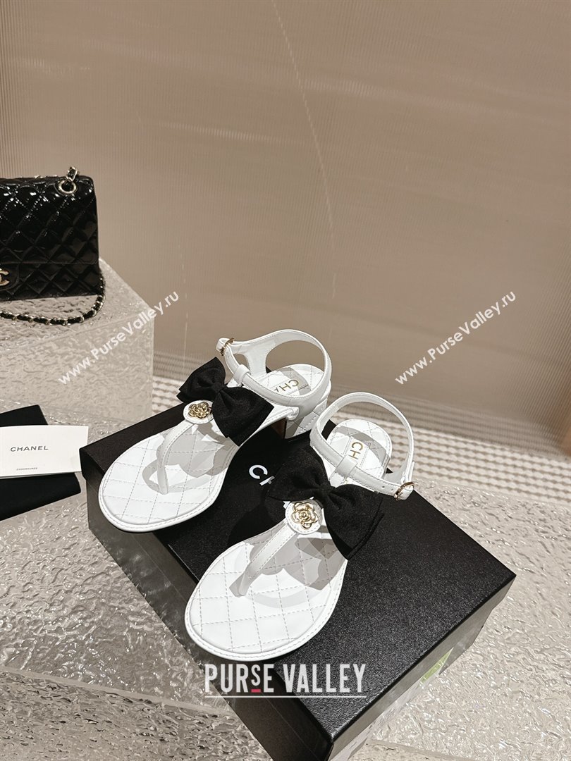 Chanel Calfskin Thong Sandals 4cm with Bow and Bloom White 2024 (MD-240323057)