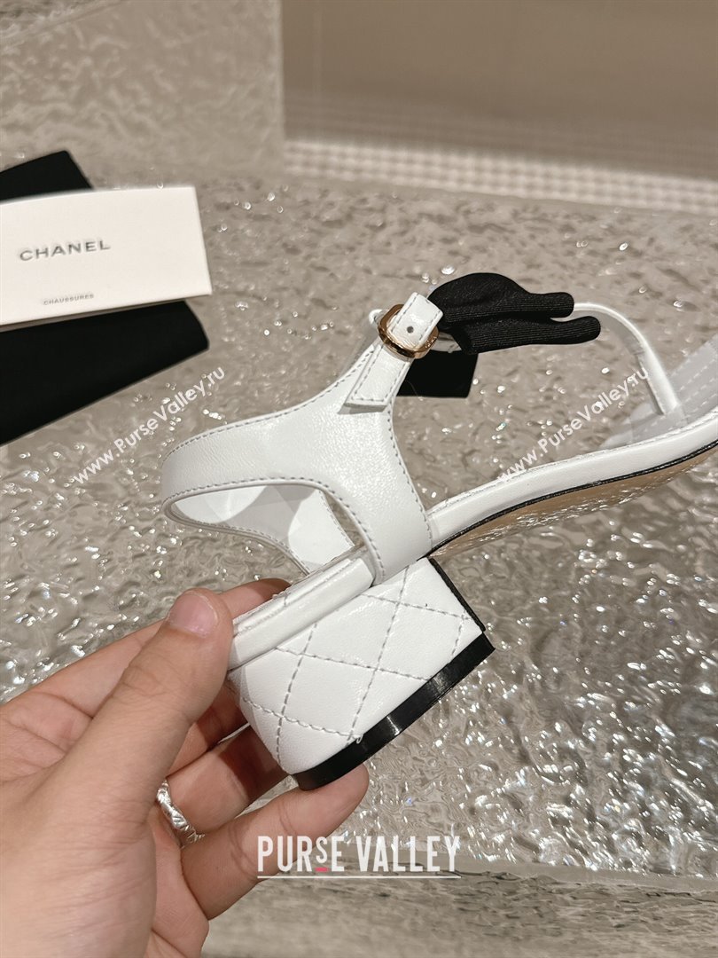 Chanel Calfskin Thong Sandals 4cm with Bow and Bloom White 2024 (MD-240323057)