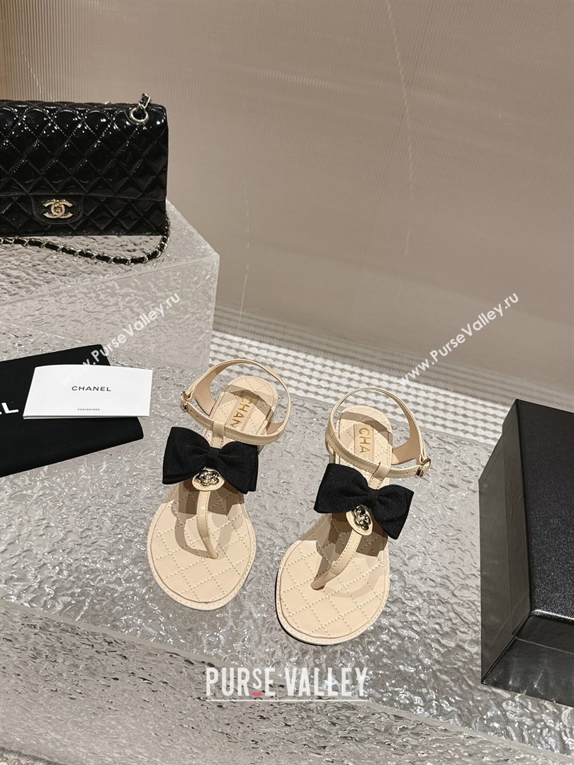 Chanel Calfskin Thong Sandals 4cm with Bow and Bloom Beige 2024 (MD-240323058)