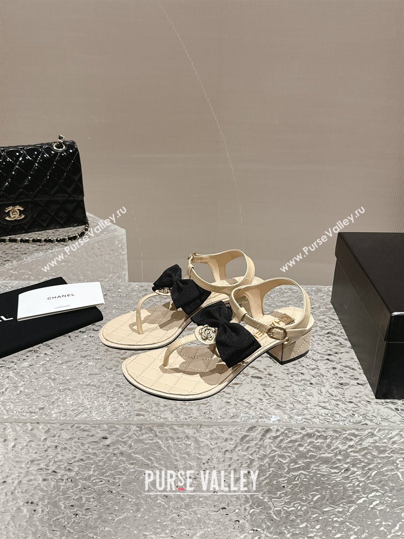 Chanel Calfskin Thong Sandals 4cm with Bow and Bloom Beige 2024 (MD-240323058)