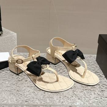 Chanel Calfskin Thong Sandals 4cm with Bow and Bloom Beige 2024 (MD-240323058)