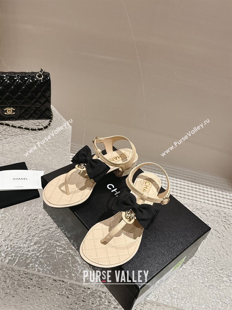 Chanel Calfskin Thong Sandals 4cm with Bow and Bloom Beige 2024 (MD-240323058)