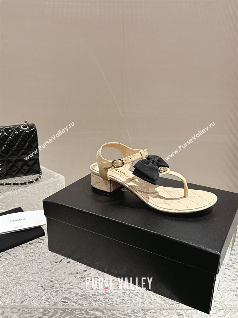 Chanel Calfskin Thong Sandals 4cm with Bow and Bloom Beige 2024 (MD-240323058)