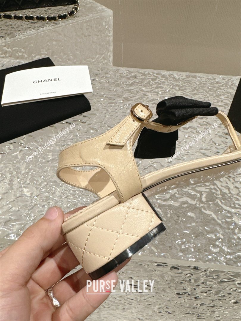 Chanel Calfskin Thong Sandals 4cm with Bow and Bloom Beige 2024 (MD-240323058)