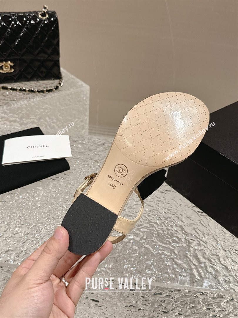 Chanel Calfskin Thong Sandals 4cm with Bow and Bloom Beige 2024 (MD-240323058)