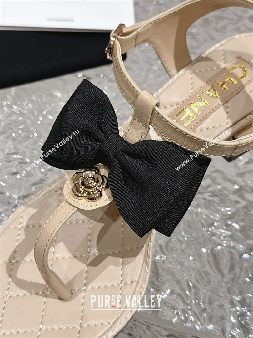 Chanel Calfskin Thong Sandals 4cm with Bow and Bloom Beige 2024 (MD-240323058)