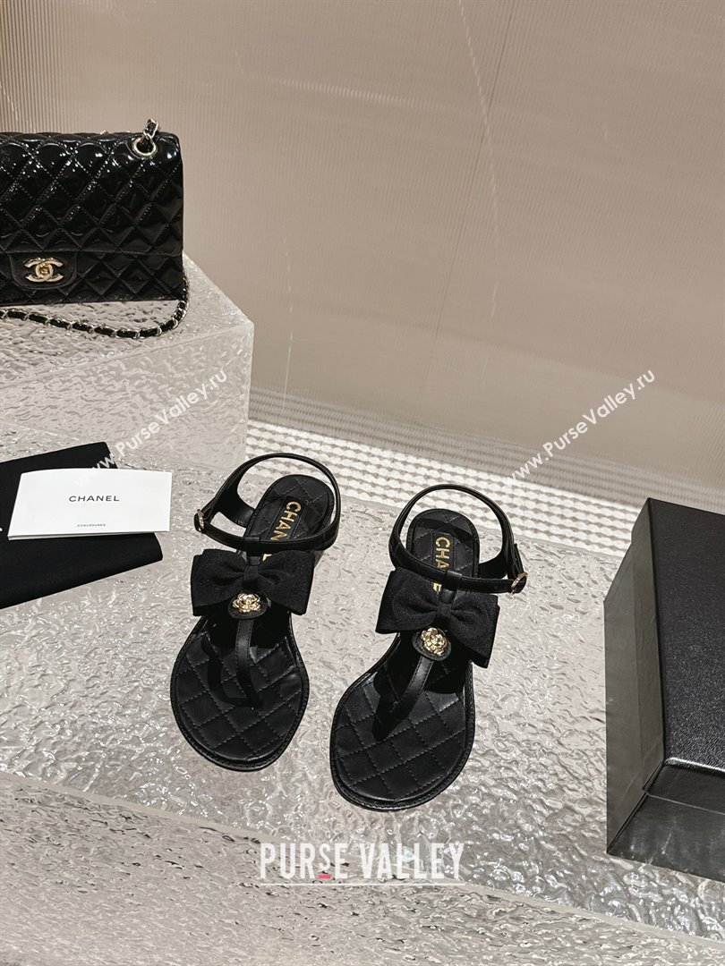 Chanel Calfskin Thong Sandals 4cm with Bow and Bloom Black 2024 (MD-240323059)