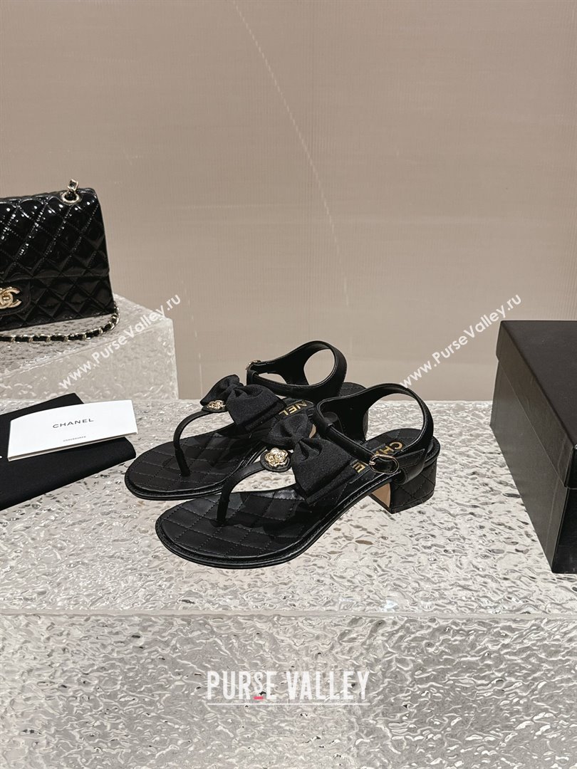 Chanel Calfskin Thong Sandals 4cm with Bow and Bloom Black 2024 (MD-240323059)