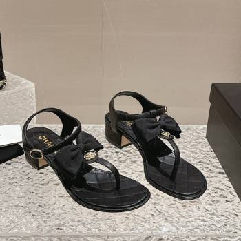 Chanel Calfskin Thong Sandals 4cm with Bow and Bloom Black 2024 (MD-240323059)