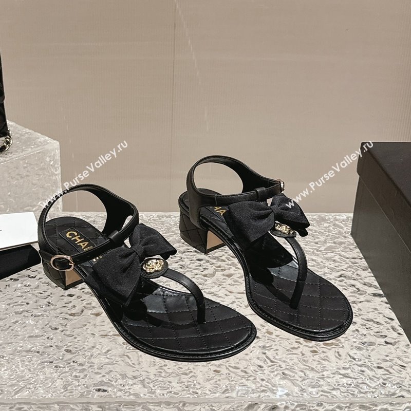 Chanel Calfskin Thong Sandals 4cm with Bow and Bloom Black 2024 (MD-240323059)