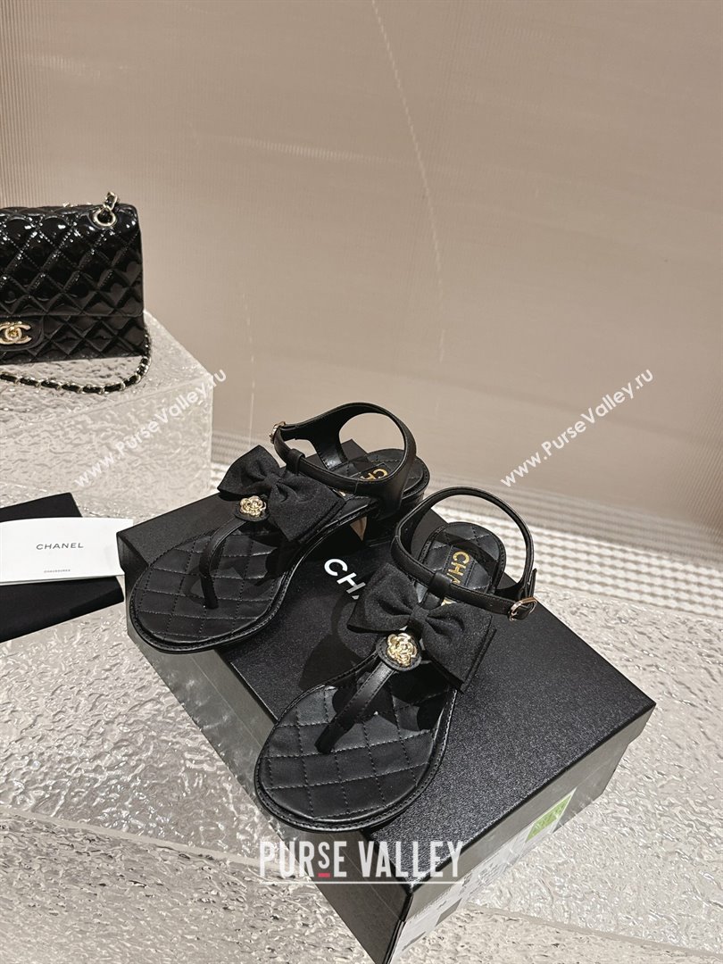 Chanel Calfskin Thong Sandals 4cm with Bow and Bloom Black 2024 (MD-240323059)