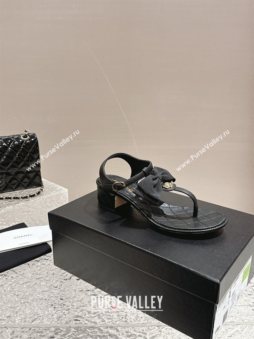 Chanel Calfskin Thong Sandals 4cm with Bow and Bloom Black 2024 (MD-240323059)