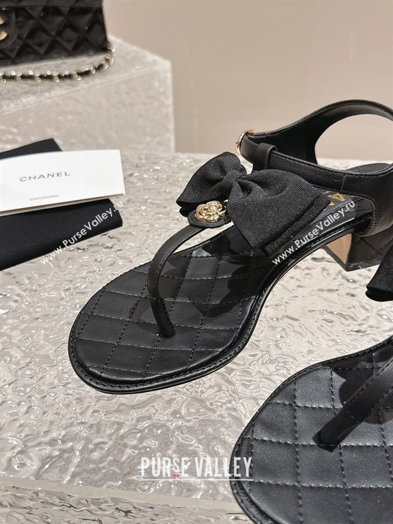 Chanel Calfskin Thong Sandals 4cm with Bow and Bloom Black 2024 (MD-240323059)