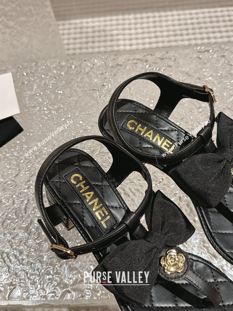 Chanel Calfskin Thong Sandals 4cm with Bow and Bloom Black 2024 (MD-240323059)