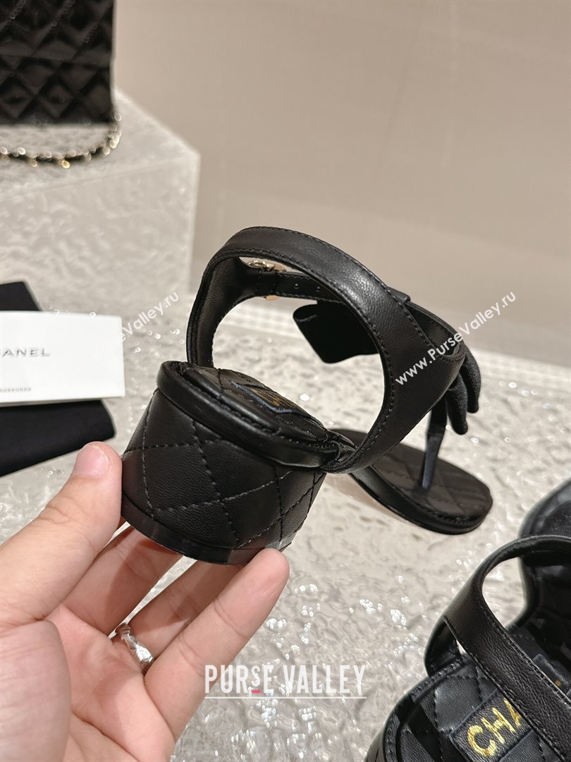 Chanel Calfskin Thong Sandals 4cm with Bow and Bloom Black 2024 (MD-240323059)