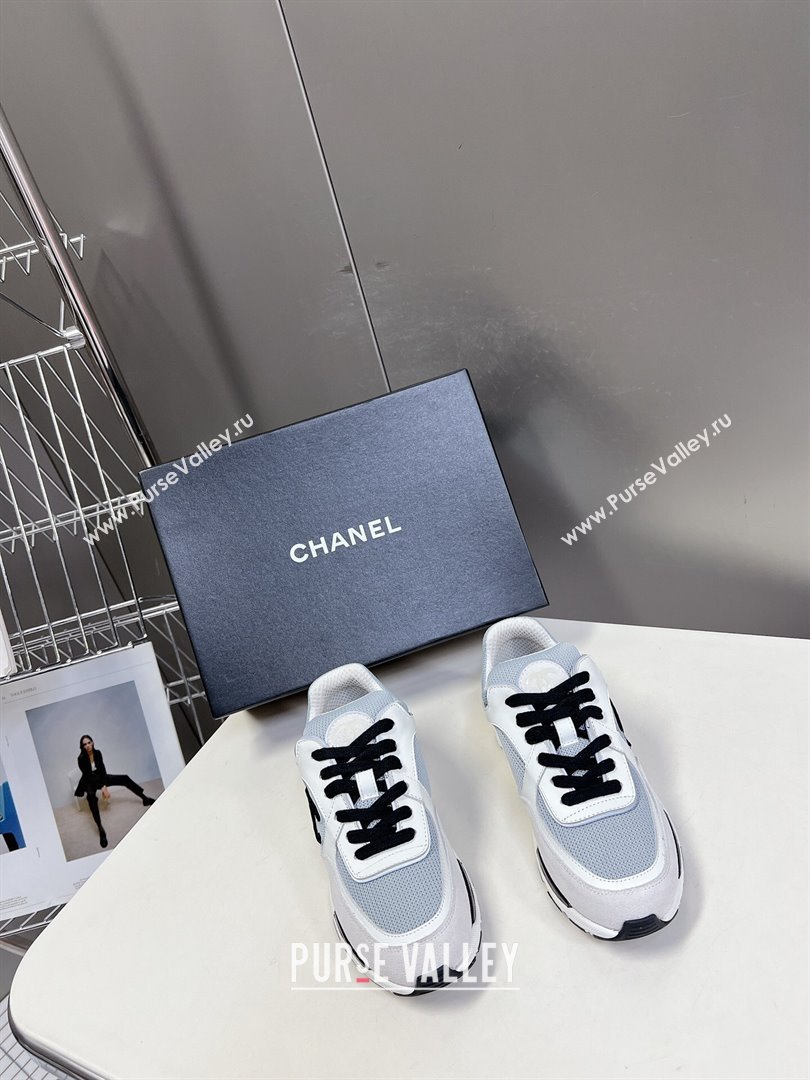 Chanel Mesh, Calfskin Suede Sneakers with Side CC Light Grey 2024 0323 (MD-240323067)