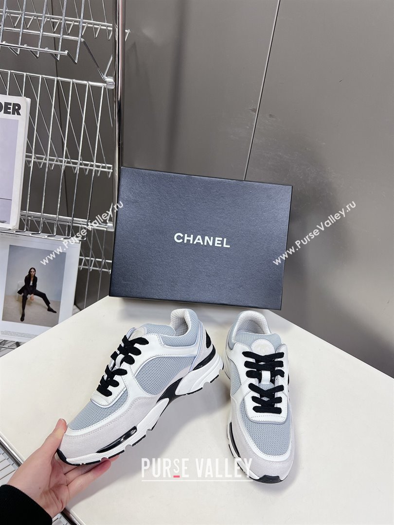 Chanel Mesh, Calfskin Suede Sneakers with Side CC Light Grey 2024 0323 (MD-240323067)