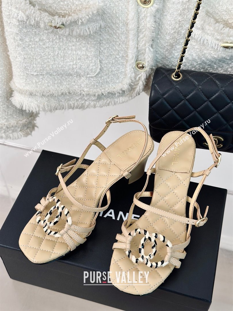 Chanel Calfskin Heel Sandals 6cm with CC Charm Beige 2024 0323 (MD-240323068)