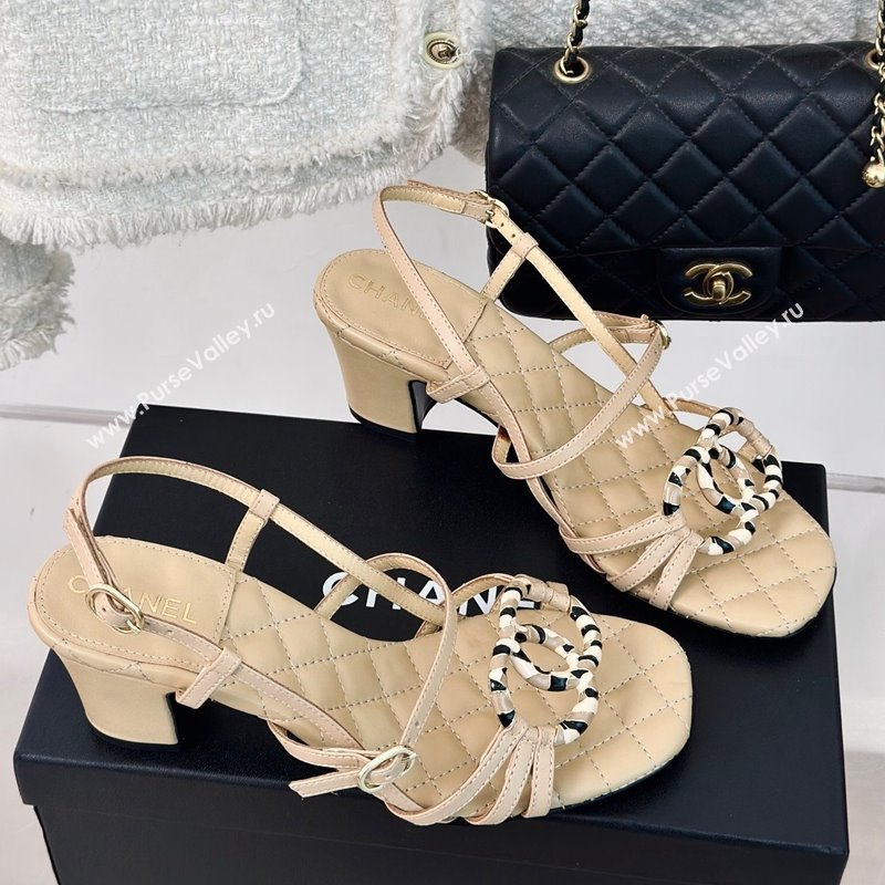 Chanel Calfskin Heel Sandals 6cm with CC Charm Beige 2024 0323 (MD-240323068)