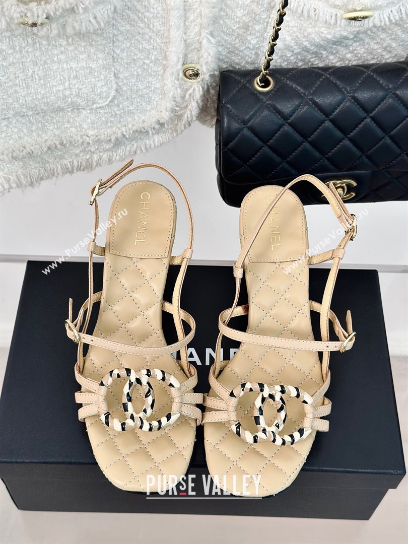 Chanel Calfskin Heel Sandals 6cm with CC Charm Beige 2024 0323 (MD-240323068)