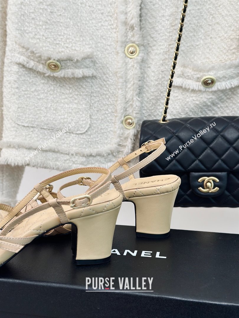 Chanel Calfskin Heel Sandals 6cm with CC Charm Beige 2024 0323 (MD-240323068)