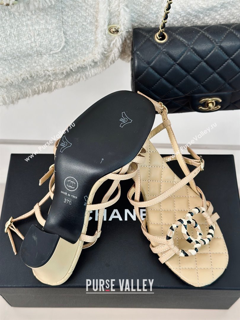 Chanel Calfskin Heel Sandals 6cm with CC Charm Beige 2024 0323 (MD-240323068)