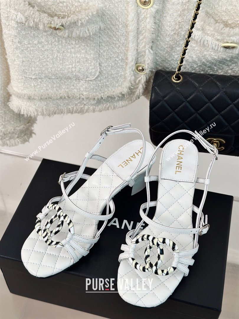 Chanel Calfskin Heel Sandals 6cm with CC Charm White 2024 0323 (MD-240323069)