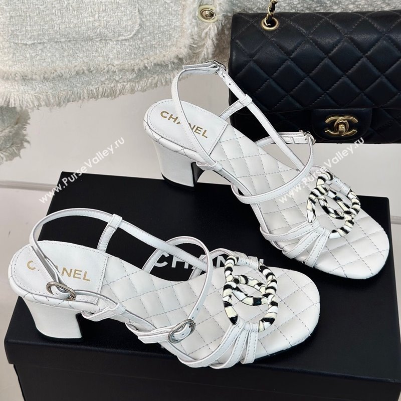 Chanel Calfskin Heel Sandals 6cm with CC Charm White 2024 0323 (MD-240323069)