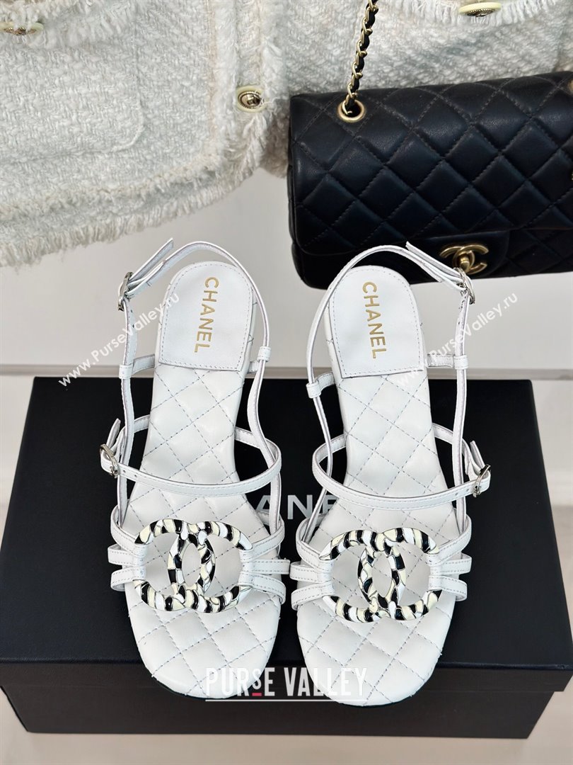 Chanel Calfskin Heel Sandals 6cm with CC Charm White 2024 0323 (MD-240323069)