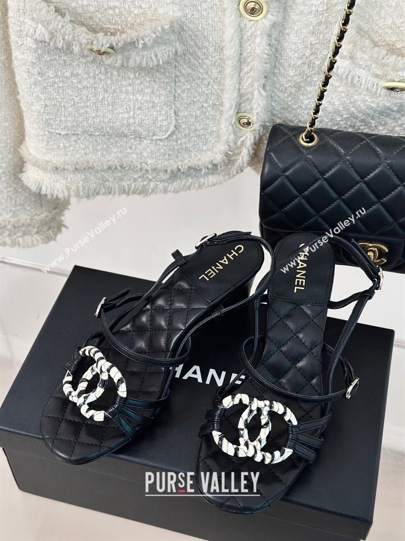 Chanel Calfskin Heel Sandals 6cm with CC Charm Black 2024 0323 (MD-240323070)