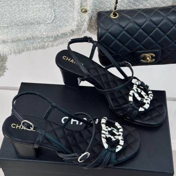 Chanel Calfskin Heel Sandals 6cm with CC Charm Black 2024 0323 (MD-240323070)