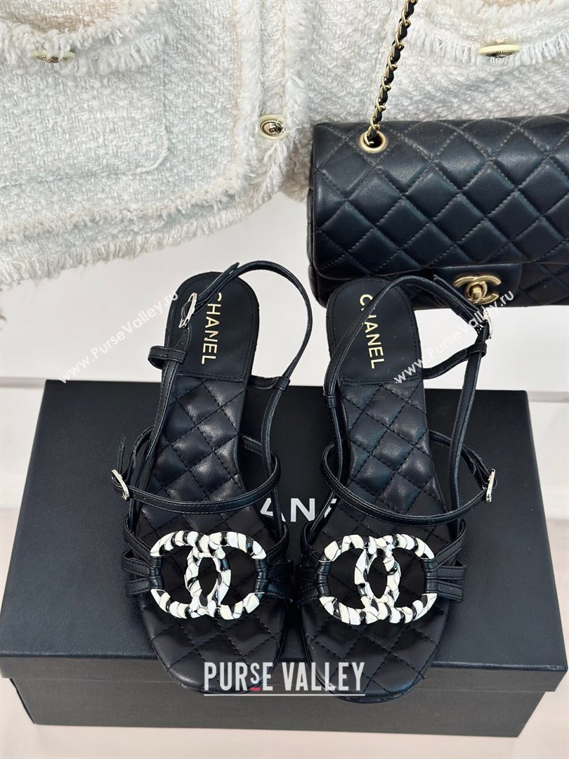 Chanel Calfskin Heel Sandals 6cm with CC Charm Black 2024 0323 (MD-240323070)