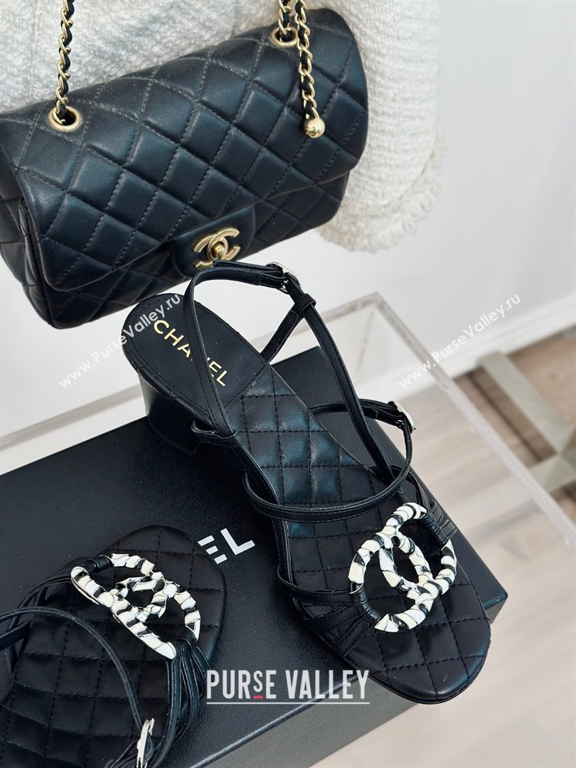 Chanel Calfskin Heel Sandals 6cm with CC Charm Black 2024 0323 (MD-240323070)