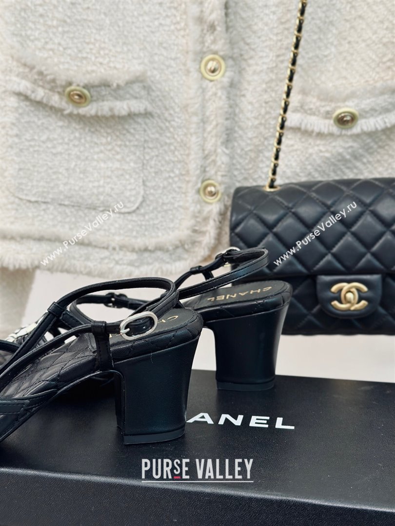 Chanel Calfskin Heel Sandals 6cm with CC Charm Black 2024 0323 (MD-240323070)