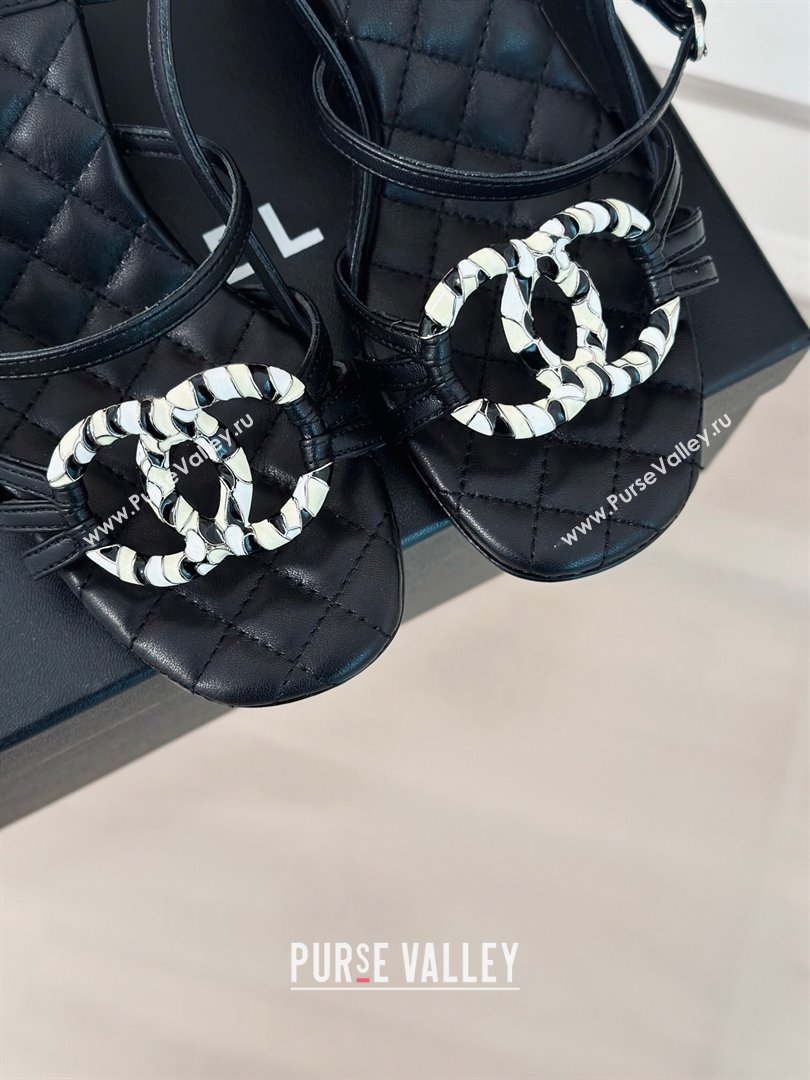 Chanel Calfskin Heel Sandals 6cm with CC Charm Black 2024 0323 (MD-240323070)