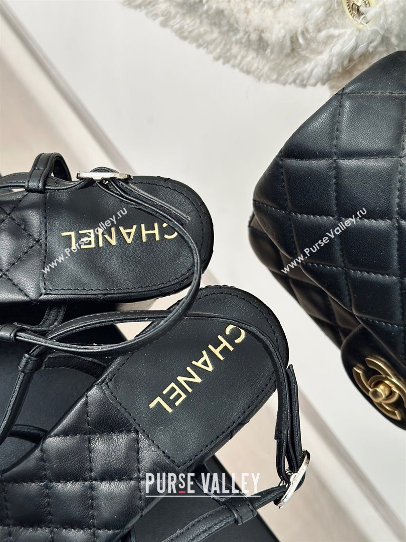 Chanel Calfskin Heel Sandals 6cm with CC Charm Black 2024 0323 (MD-240323070)