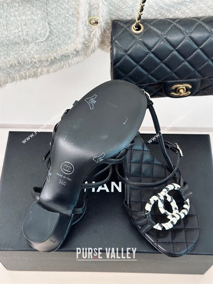 Chanel Calfskin Heel Sandals 6cm with CC Charm Black 2024 0323 (MD-240323070)