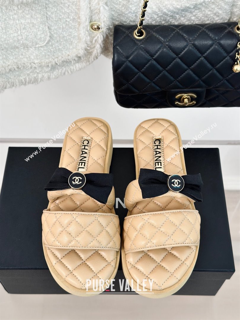 Chanel Lambskin Flat Slide Sandals with Bow Beige 2024 0323 (MD-240323075)