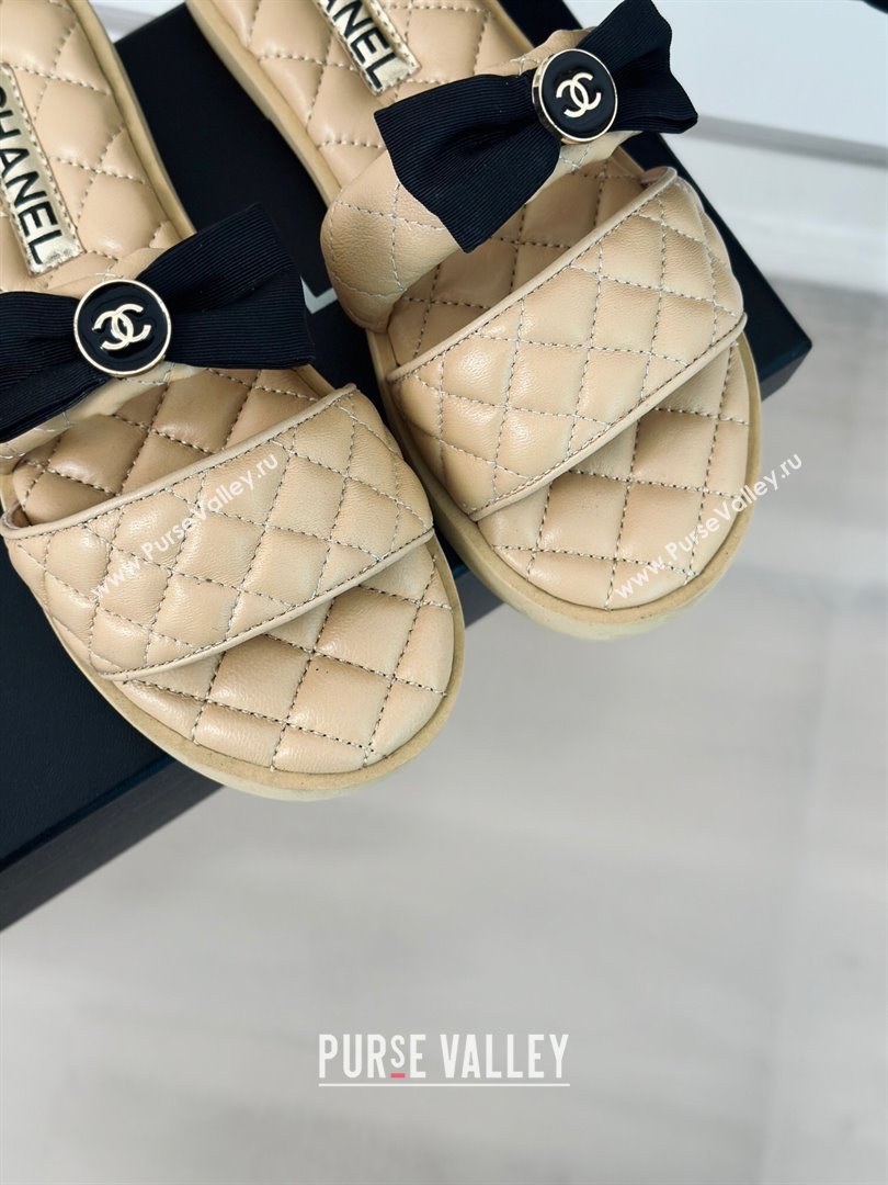 Chanel Lambskin Flat Slide Sandals with Bow Beige 2024 0323 (MD-240323075)